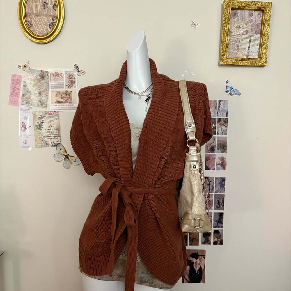Y2K Vintage Sonoma Brown Cable Knit Short Sleeve Cardigan Womens XL Belted Shawl